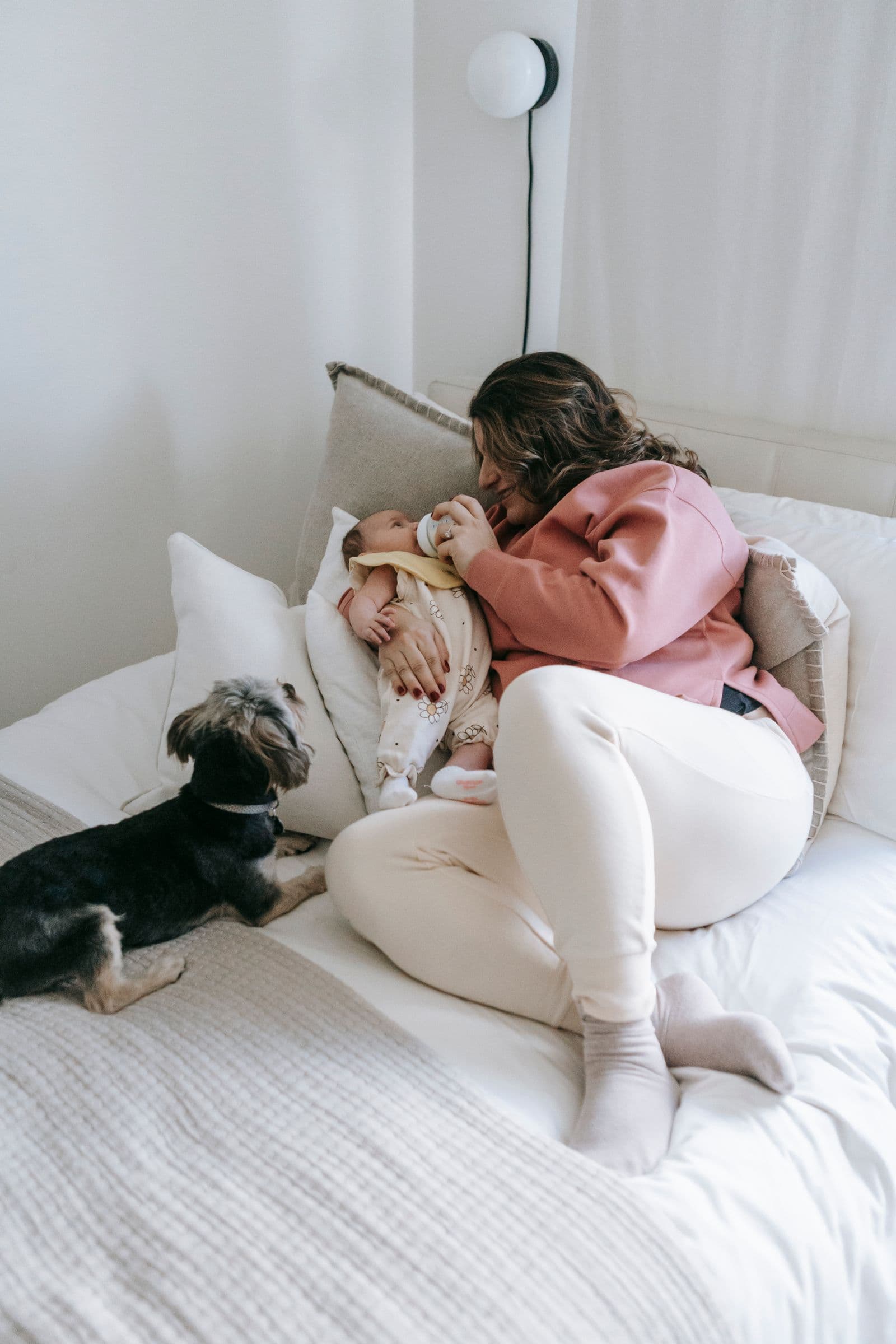 A mother feeds her baby on a bed in a dim bedroom while a small dog watches.