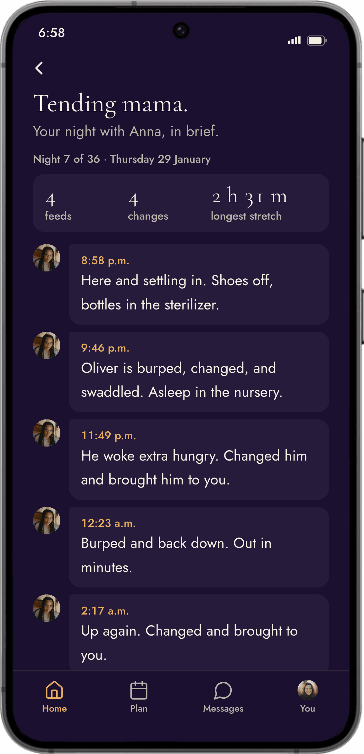 The chart screen: Tending mama. Your night with Anna, in brief, with timestamped entries.