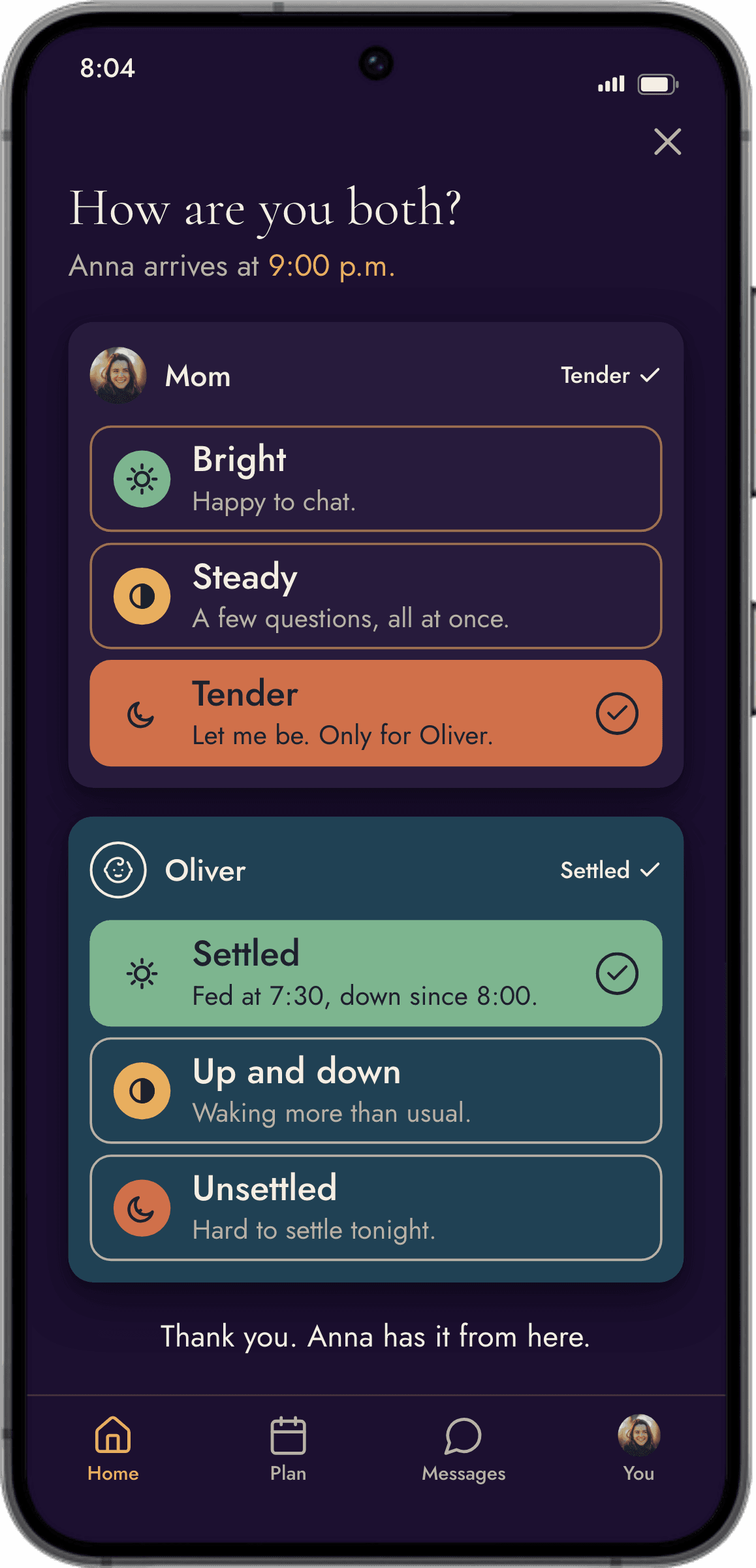 The tending card screen: How are you both? with Bright, Steady, Tender for mom and Settled, Up and down, Unsettled for Oliver.