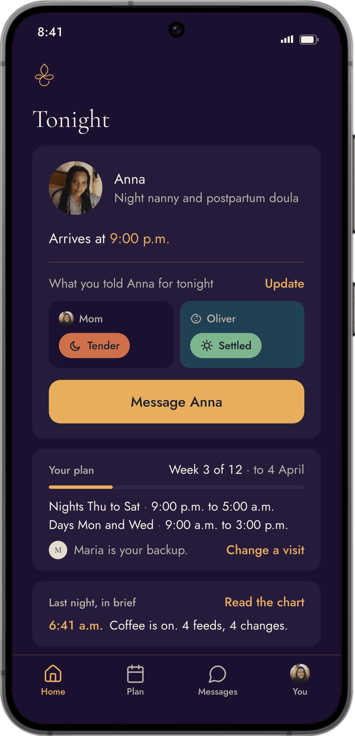 The Tonight screen: Anna arrives at 9:00 p.m., with mom's and Oliver's tending card colors and the plan.