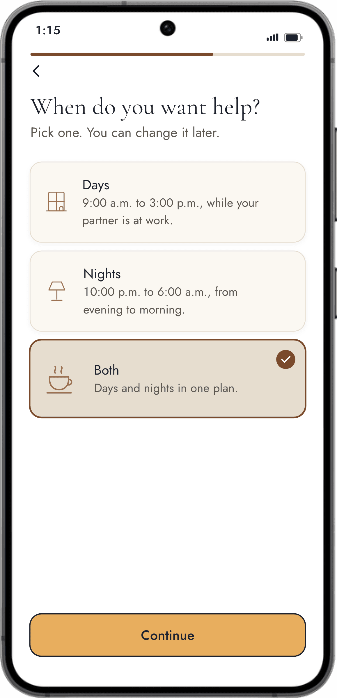 The booking screen: When do you want help? with Days, Nights, and Both.