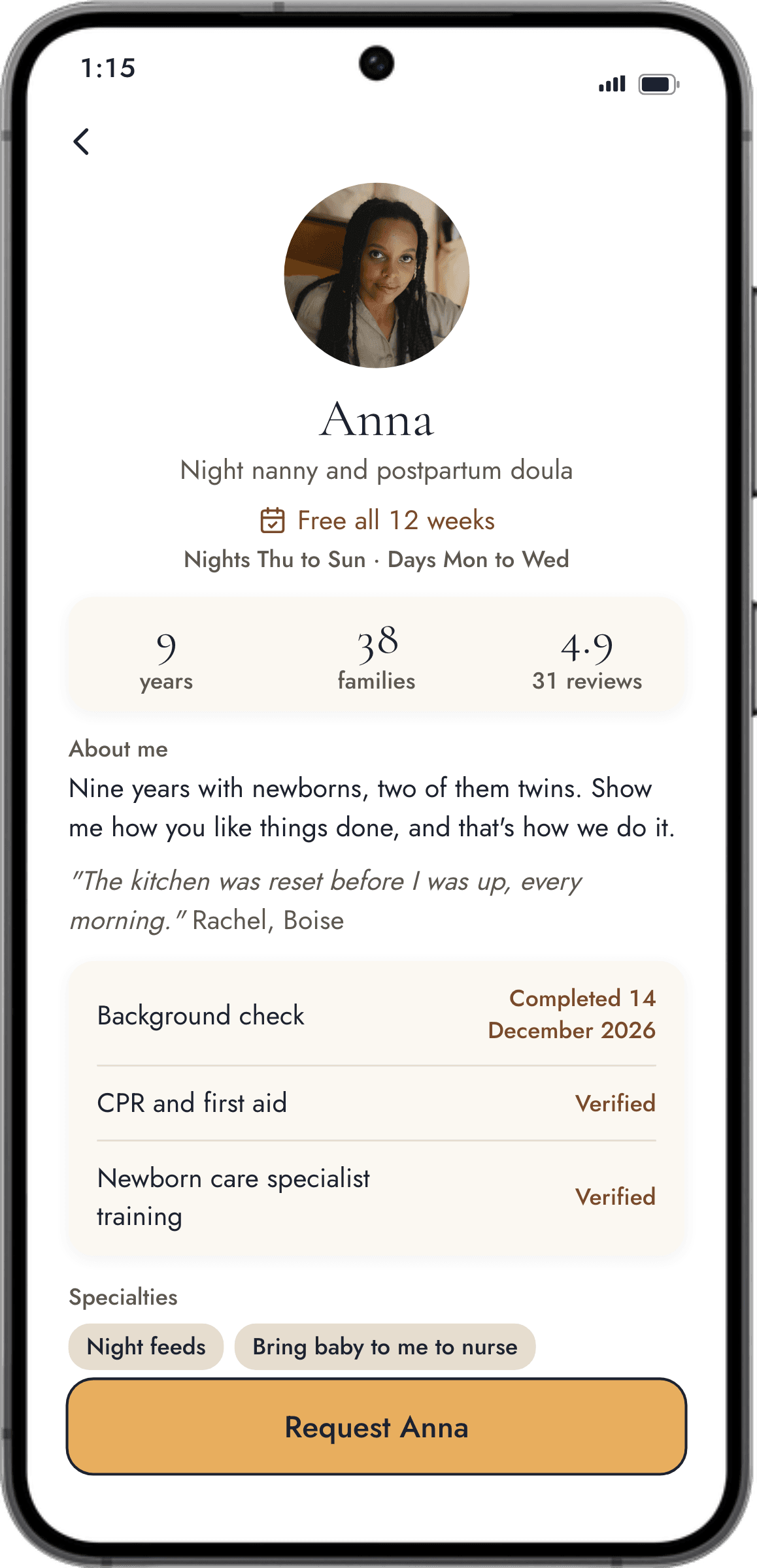 Anna's caregiver profile: nine years, background check completed, CPR and training verified.